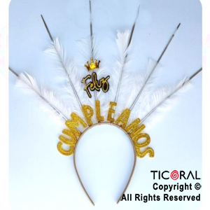 VINCHA PRECINTOS FELIZ CUMPLEAOS CON PLUMAS BLANCO Y DORADO x 1